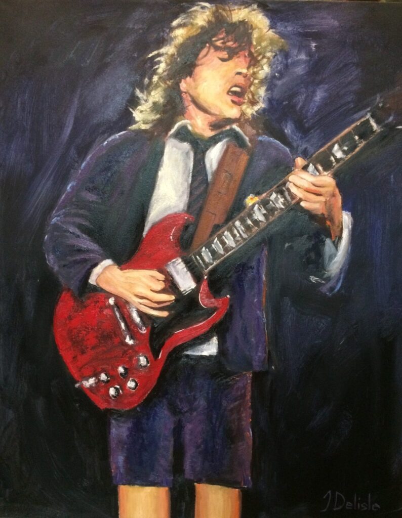 Angus Young, huile de Jean Delisle : Angus Young en uniforme d'écolier, guitare SG rouge, sur fond sombre