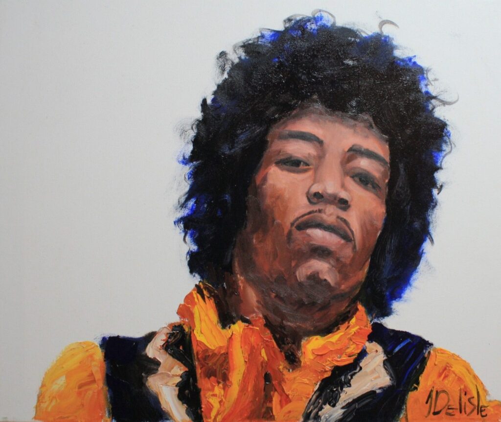 Hendrix, Blue Angel, peinture de Jean Delisle : portrait de face de Jimi Hendrix, cheveux sombres et foulard orange