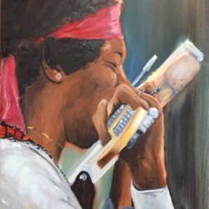 Jimi Hendrix Woodstock, huile de Jean Delisle : Jimi Hendrix au bandeau rouge, joue de l'harmonica, guitare blanche à l'épaule