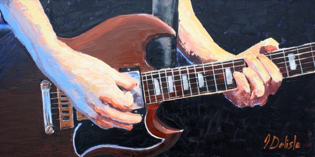 Johnny's Guitar, huile de Jean Delisle : mains sur une guitare SG rouge foncé, cadrage horizontal serré