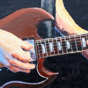 Johnny's Guitar, huile de Jean Delisle : mains sur une guitare SG rouge foncé, cadrage horizontal serré