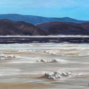 Libération, huile de Jean Delisle : débâcle sur une rivière, glaces blanches devant des montagnes bleues