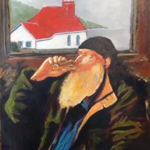 Marin de Tadoussac, huile de Jean Delisle : homme barbu à la casquette qui boit, la petite chapelle blanche au toit rouge de Tadoussac derrière lui