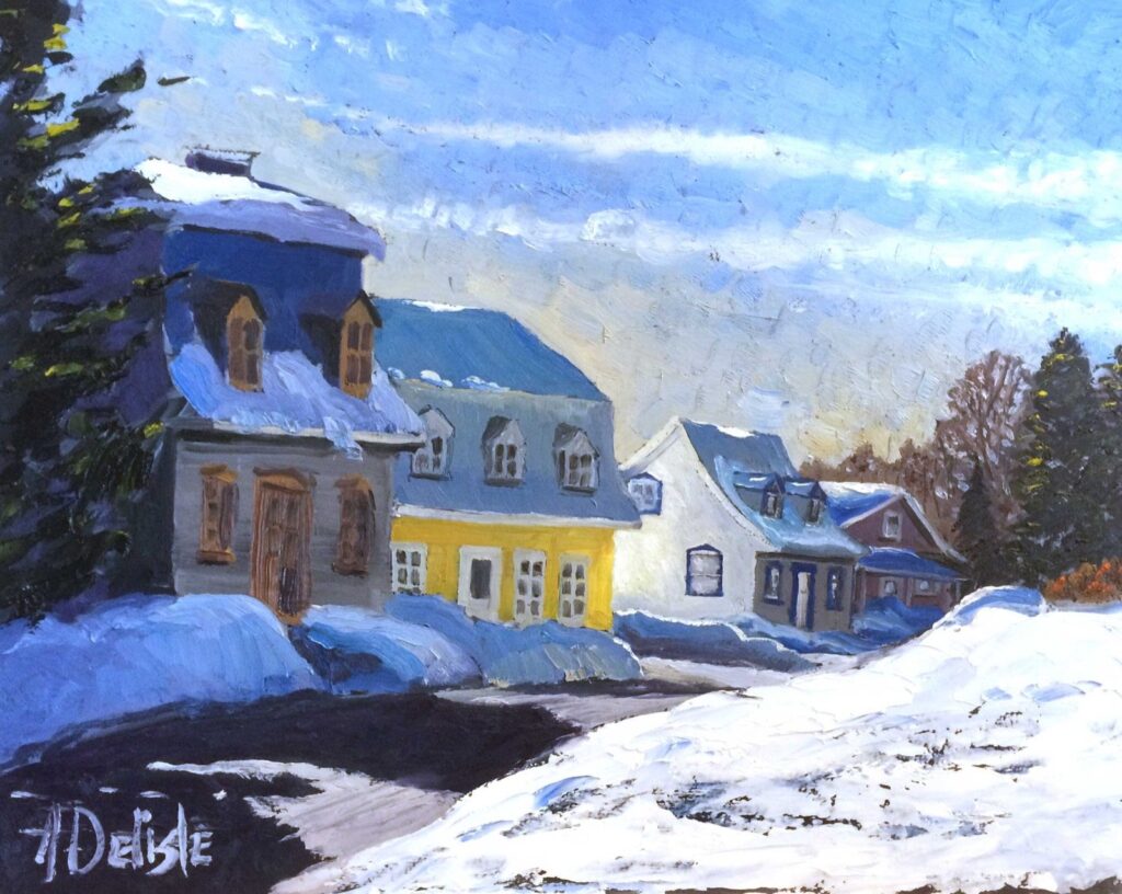 Paysage d'hiver, peinture de Jean Delisle : rue de village en hiver, maisons colorées sous la neige et ciel bleu