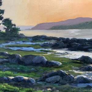 Rive du Fjord, huile de Jean Delisle : rive rocheuse du fjord du Saguenay à marée basse, lumière dorée du soir sur l'eau