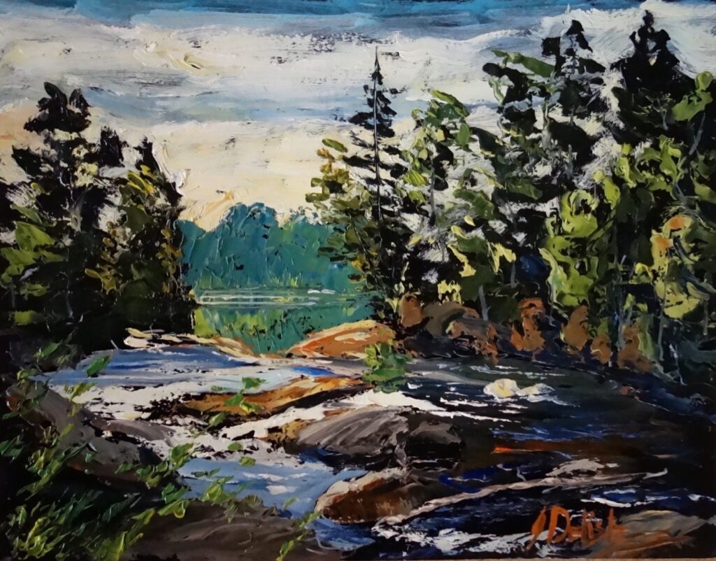 Rivière du Moulin, huile de Jean Delisle : rapides de la rivière du Moulin à Chicoutimi entre les épinettes et les rochers