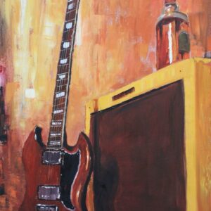 Scotch n Rock Kit, huile de Jean Delisle : guitare Gibson SG rouge appuyée sur un ampli, bouteille de scotch posée dessus