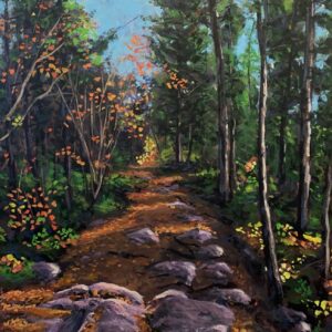 Sentier de roche, huile de Jean Delisle : sentier de roches en forêt, troncs droits et feuillage d'automne orangé