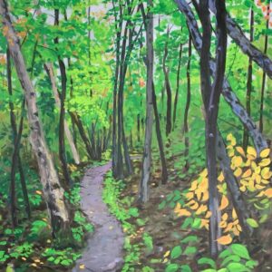 Sentier du Panoramique, peinture de Jean Delisle : étroit sentier qui serpente dans une forêt de feuillus vert vif