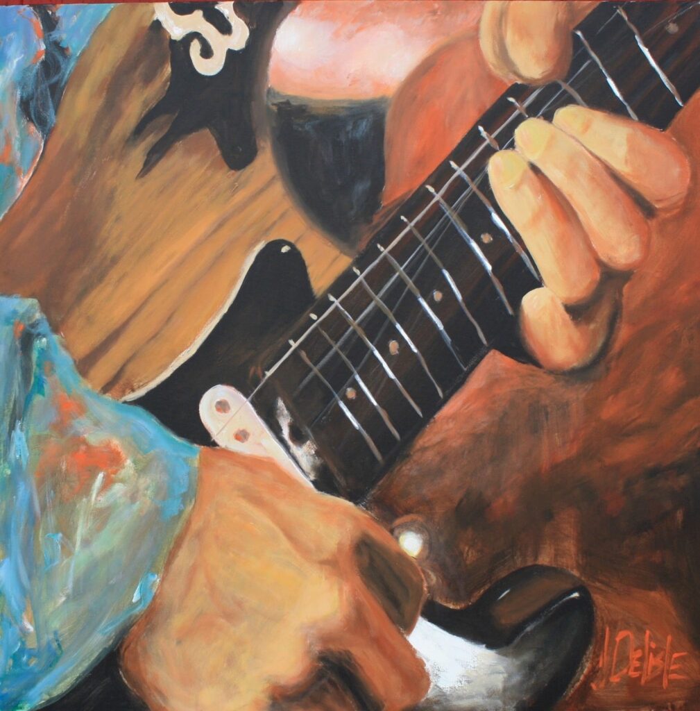 SRV hand's, peinture de Jean Delisle : gros plan des mains de Stevie Ray Vaughan sur le manche d'une Stratocaster