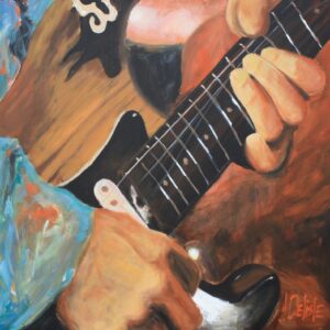 SRV hand's, peinture de Jean Delisle : gros plan des mains de Stevie Ray Vaughan sur le manche d'une Stratocaster