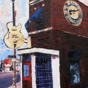 Sun Studio, huile de Jean Delisle : façade de brique du Sun Studio à Memphis, grande guitare à l'enseigne