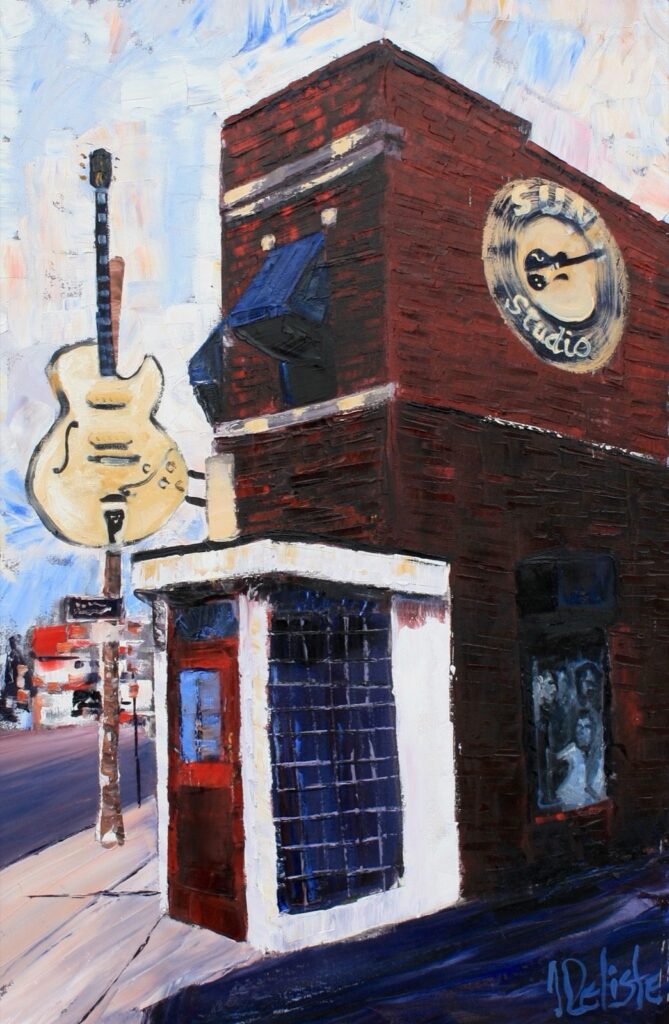 Sun Studio, huile de Jean Delisle : façade de brique du Sun Studio à Memphis, grande guitare à l'enseigne