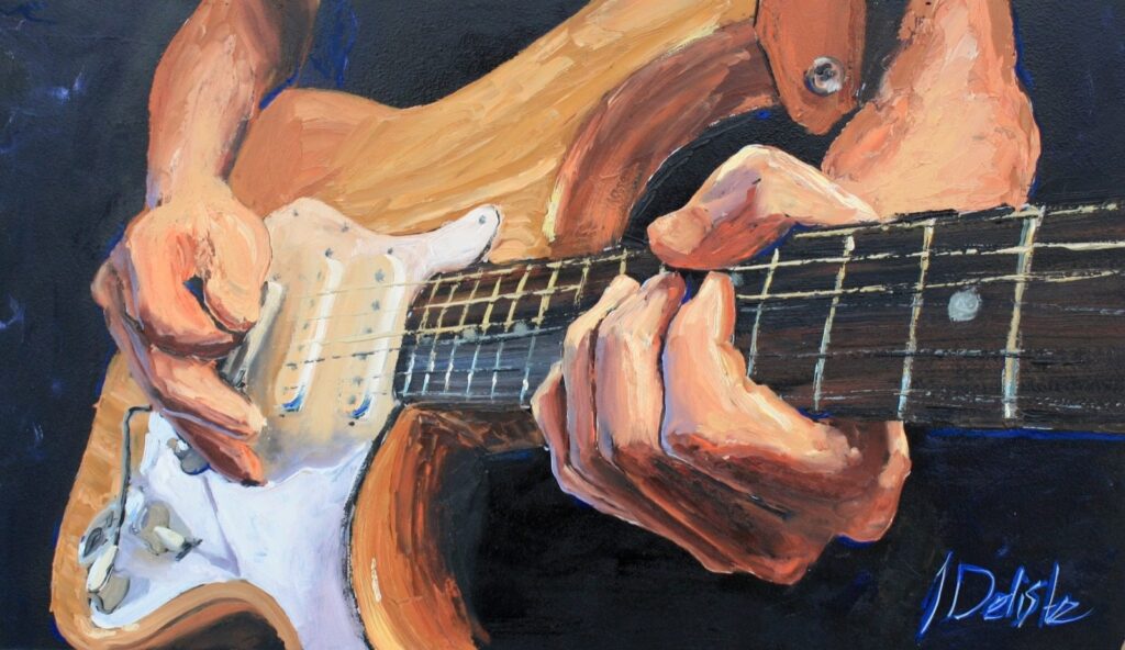 That Stratocaster, huile de Jean Delisle : mains d'un guitariste sur une Stratocaster crème, vue rapprochée