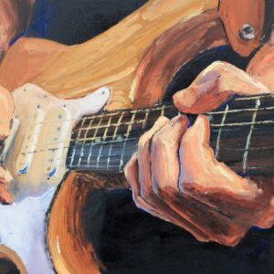 That Stratocaster, huile de Jean Delisle : mains d'un guitariste sur une Stratocaster crème, vue rapprochée