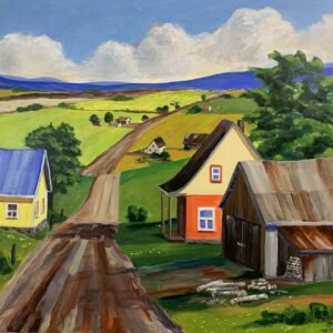 Vers les champs, peinture de Jean Delisle : chemin de terre vers des maisons colorées et une grange, champs verts et montagnes bleues