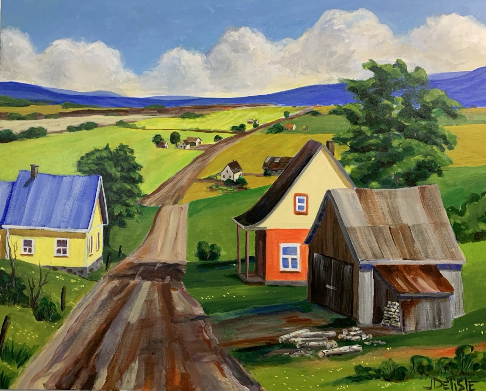 Vers les champs, peinture de Jean Delisle : chemin de terre vers des maisons colorées et une grange, champs verts et montagnes bleues
