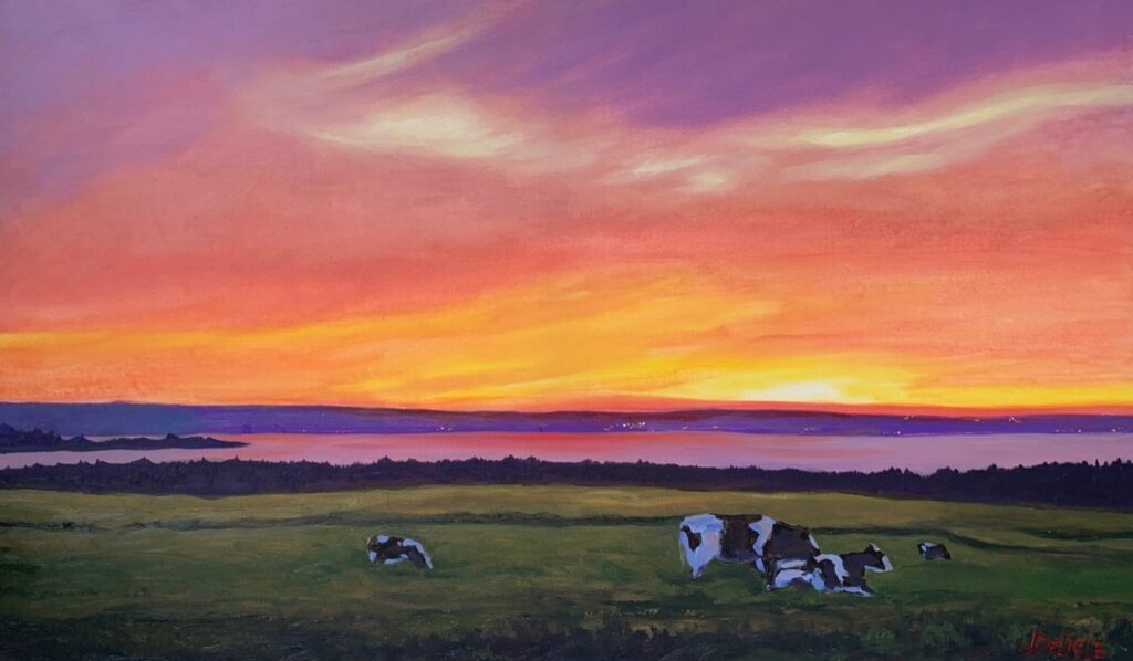Vue sur le lac, huile de Jean Delisle : coucher de soleil rose et orangé sur un lac, vaches au pâturage au premier plan